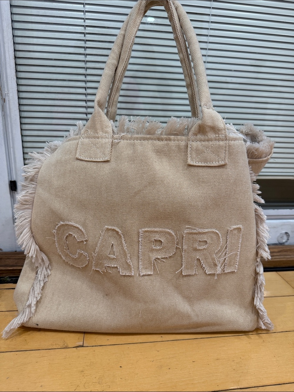 Canvas Fringe Tote Bag - Beige CAPRI Detail